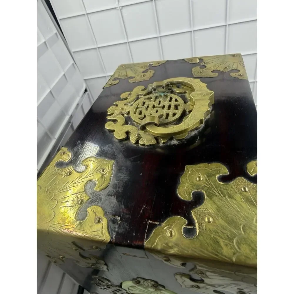 Stunning Antique Asian Jewelry Box w/ Ornate Brass, Chinese Carved Jade Inserts